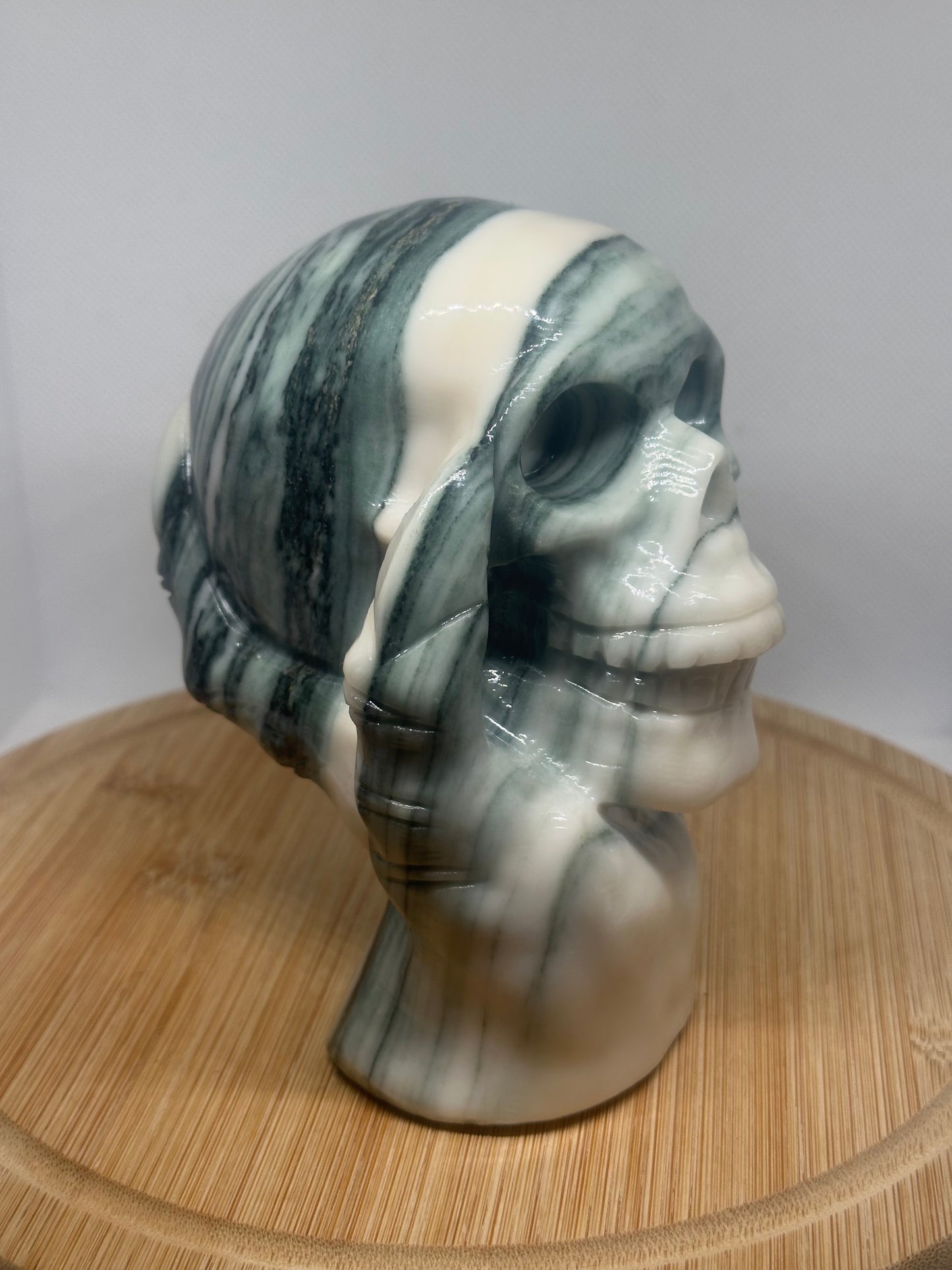 Green zebra jasper skull