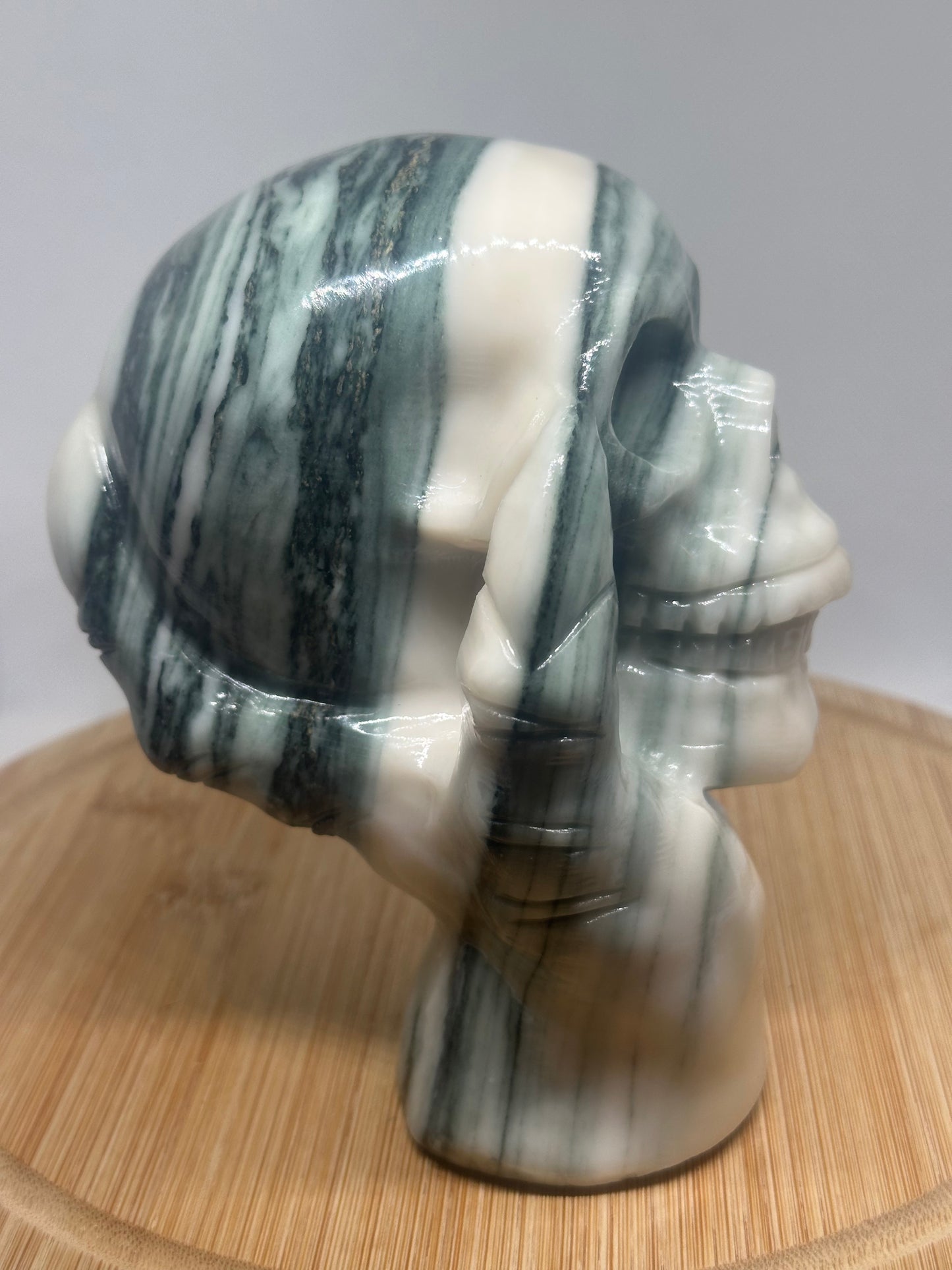 Green zebra jasper skull