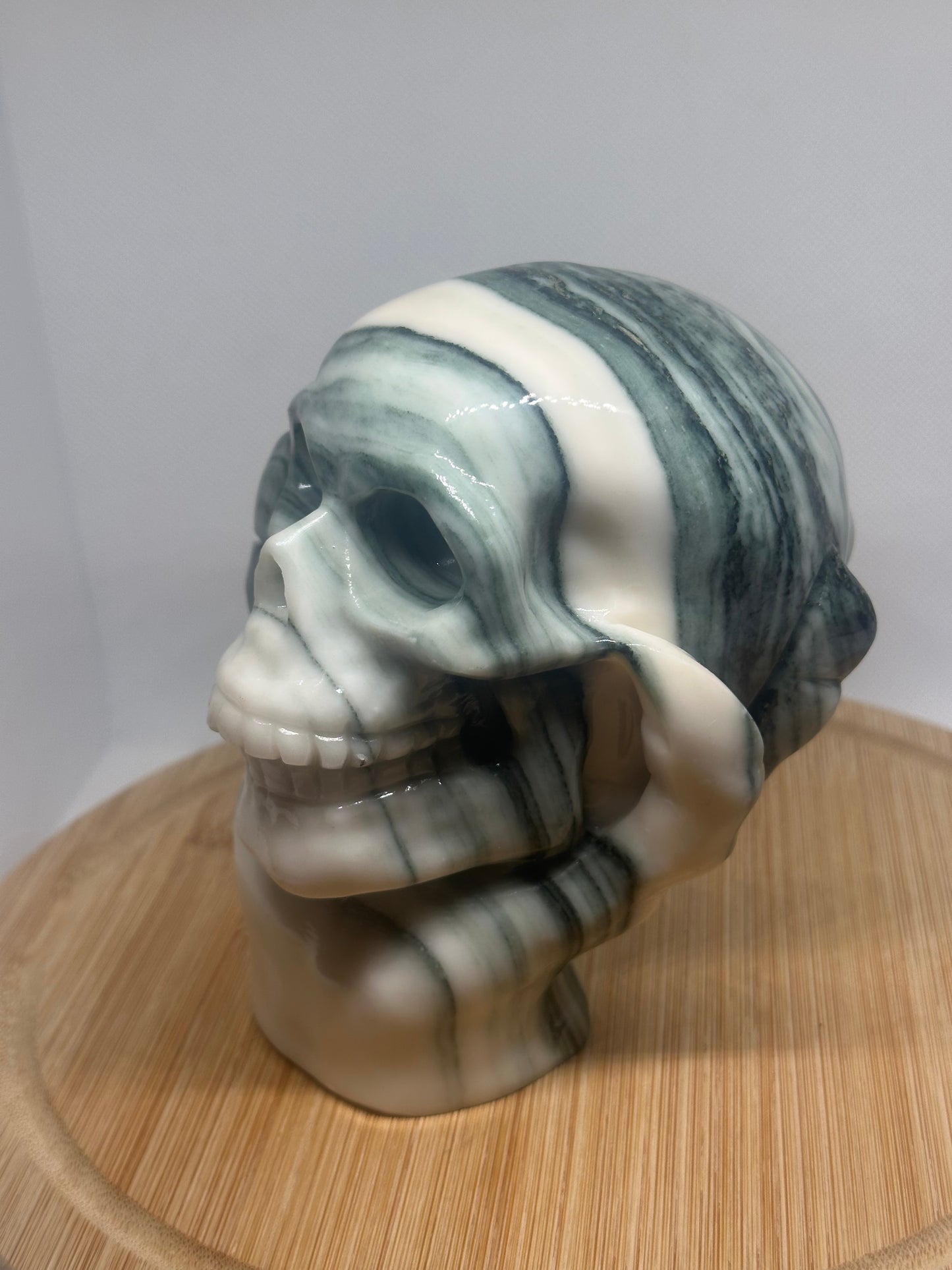 Green zebra jasper skull