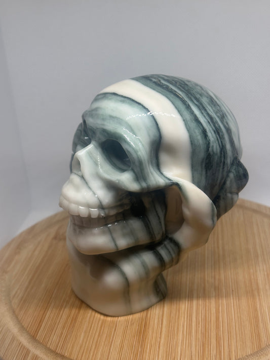 Green zebra jasper skull